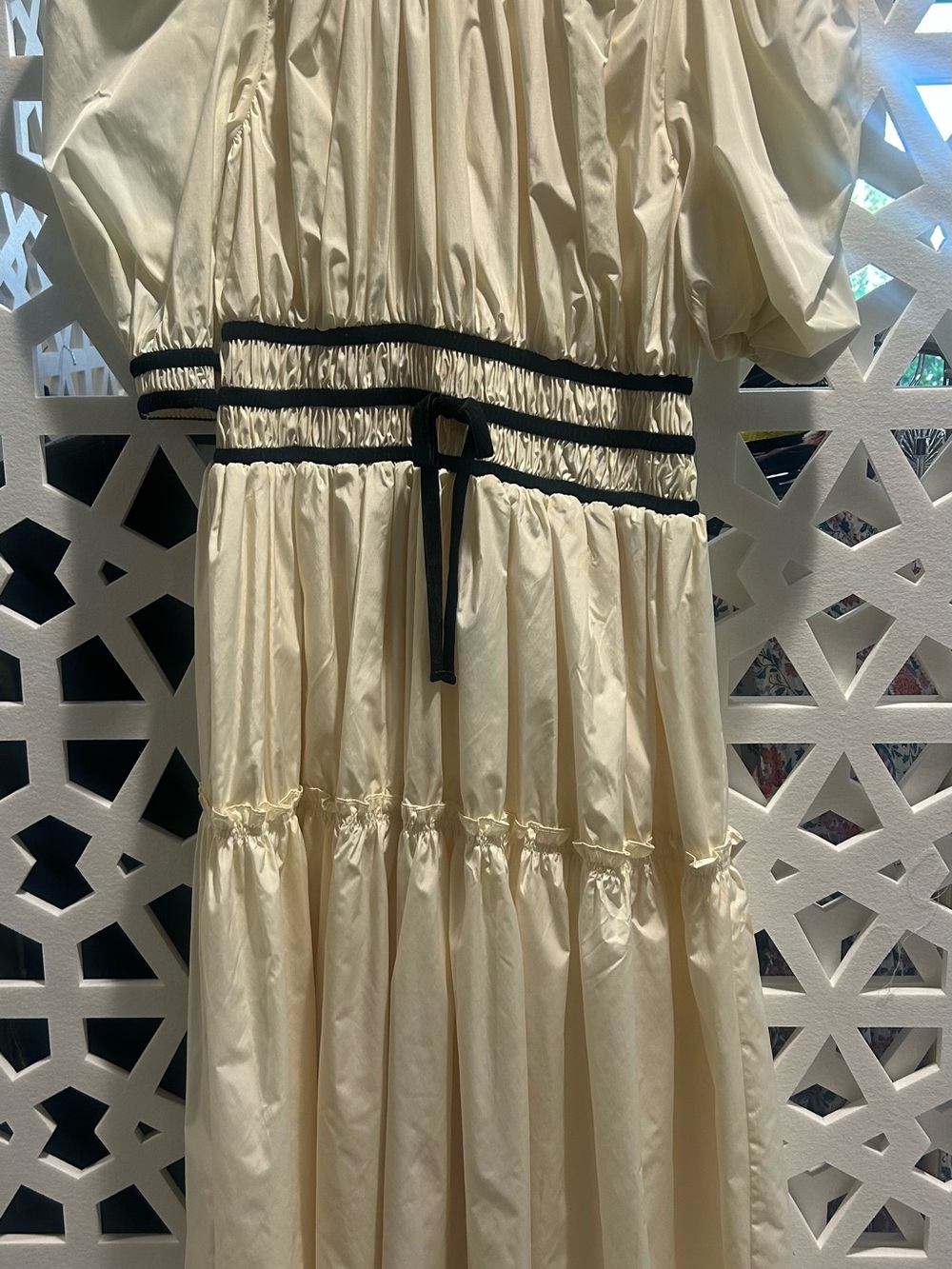 HUNTER BELL Cream Tiered Dress with Black Trim and Waist Tie